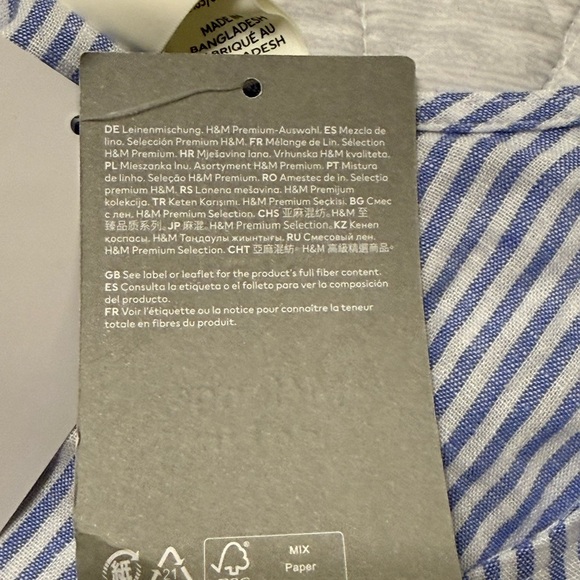 H & M Linen Blend Premium Selection Blue Striped Puff Sleeve Blouse NWT S - Picture 8 of 11